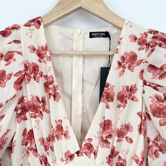 Nasty Gal Floral Puff Sleeve Wrap Mini Dress V-Neck Ruched Ruffle, Pastel Pink - Picture 7 of 11